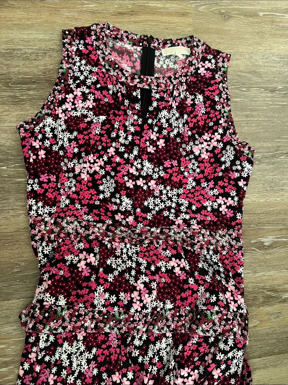 Michael Kors Black Sleeveless Floral Tiered Tunic with Pink & White Blossoms